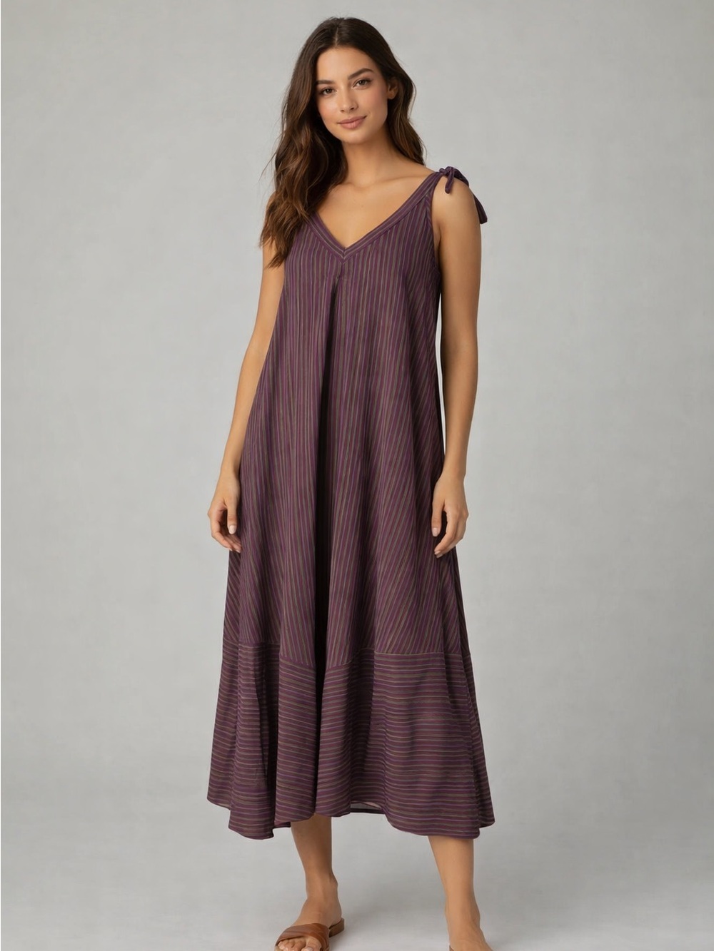 Sleeveless Striped Maxi Dress with Tie Shoulders in Plum